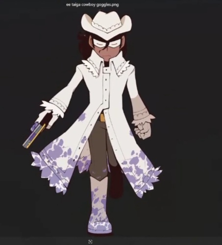 A picture of a cowboy in a white coat, hat, and goggles, his outfit is covered in lilac splatters.